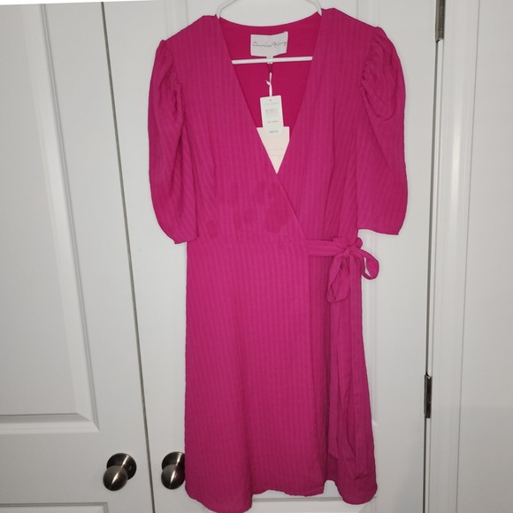 Charles Henry Wrap Dress Puff Sleeve Magenta Pink Mini Dress Size Small - Picture 1 of 5